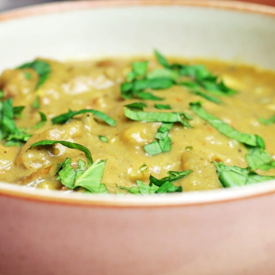 Close-up of a bowl of Sherpa Indian Kitchen's creamy green curry, garnished with fresh herbs.