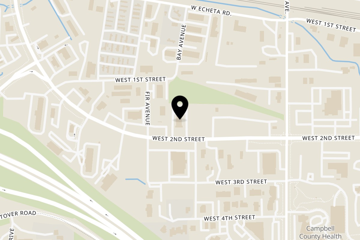 Map showing the location of Sherpa Indian Kitchen on 1414 W 2nd St in Gillette